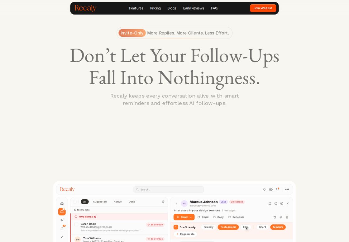 Recaly homepage, first screen