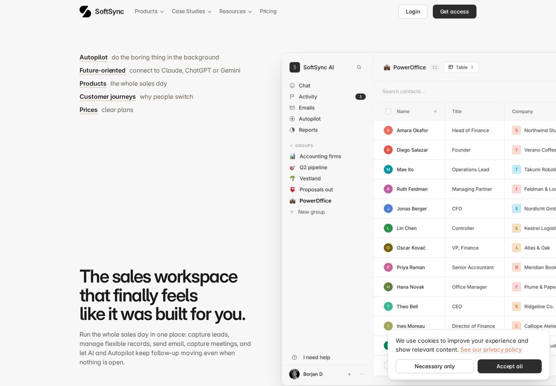 SoftSync homepage, first screen