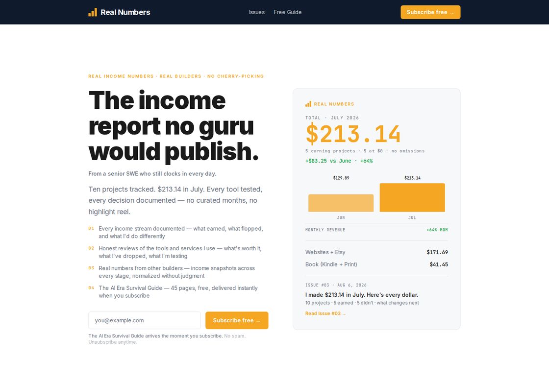 Real Numbers homepage, first screen