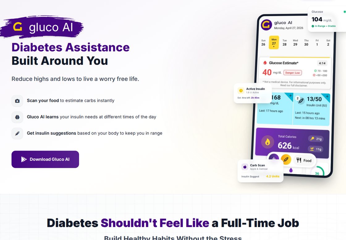 Gluco AI homepage, first screen