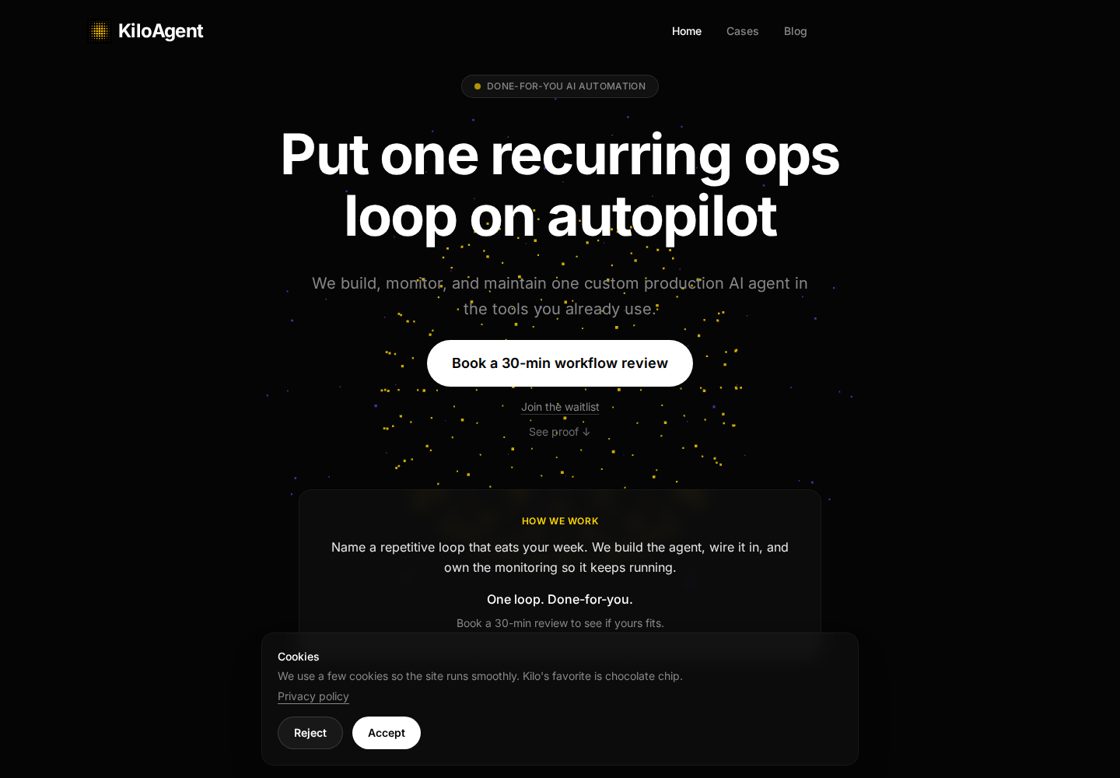 KiloAgent homepage, first screen