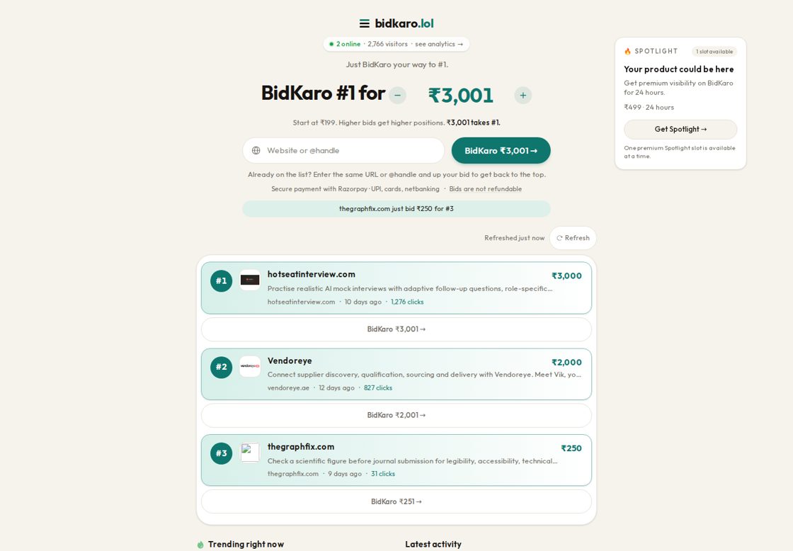 BidKaro homepage, first screen