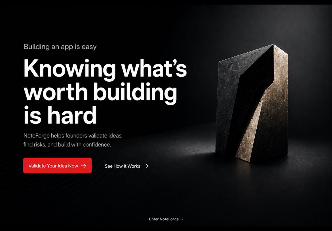 NoteForge homepage, first screen