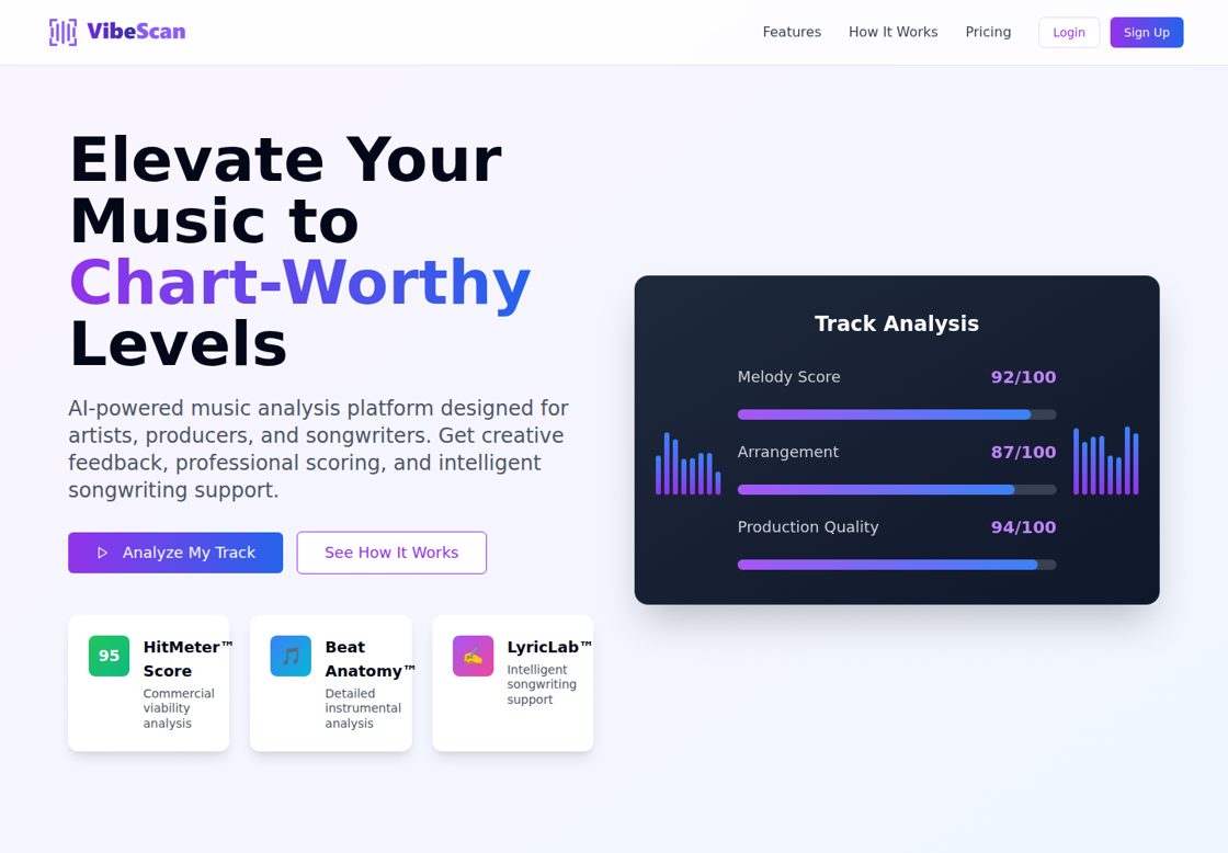 VibeScan homepage, first screen