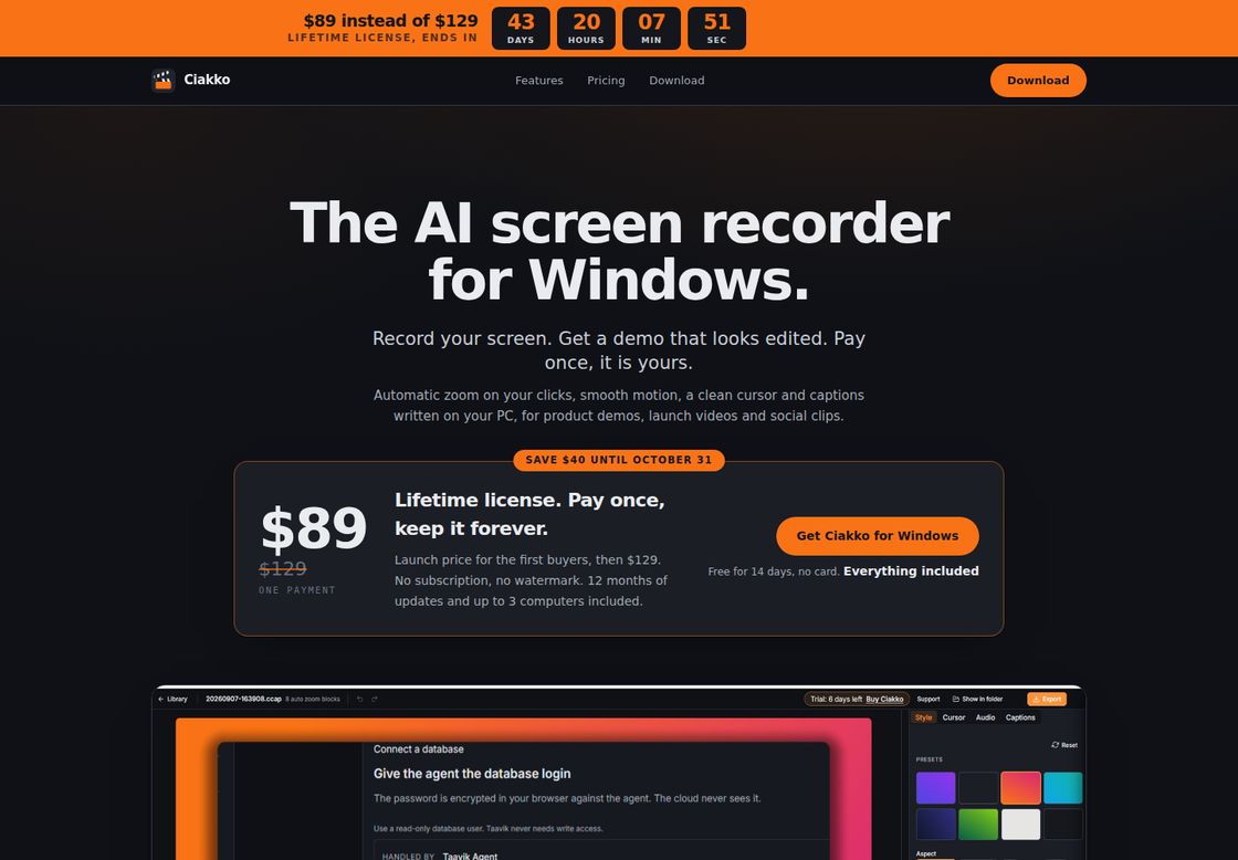 Ciakko homepage, first screen