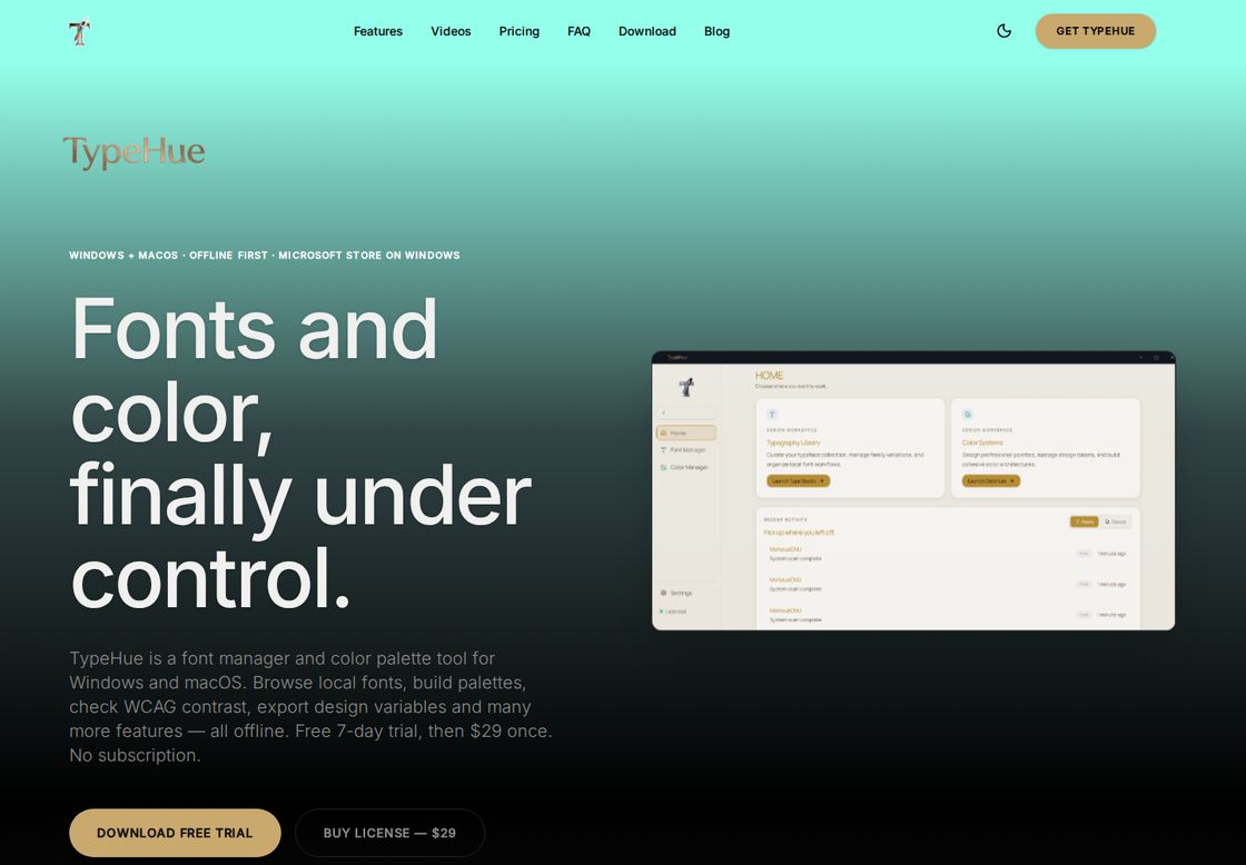 TypeHue homepage, first screen