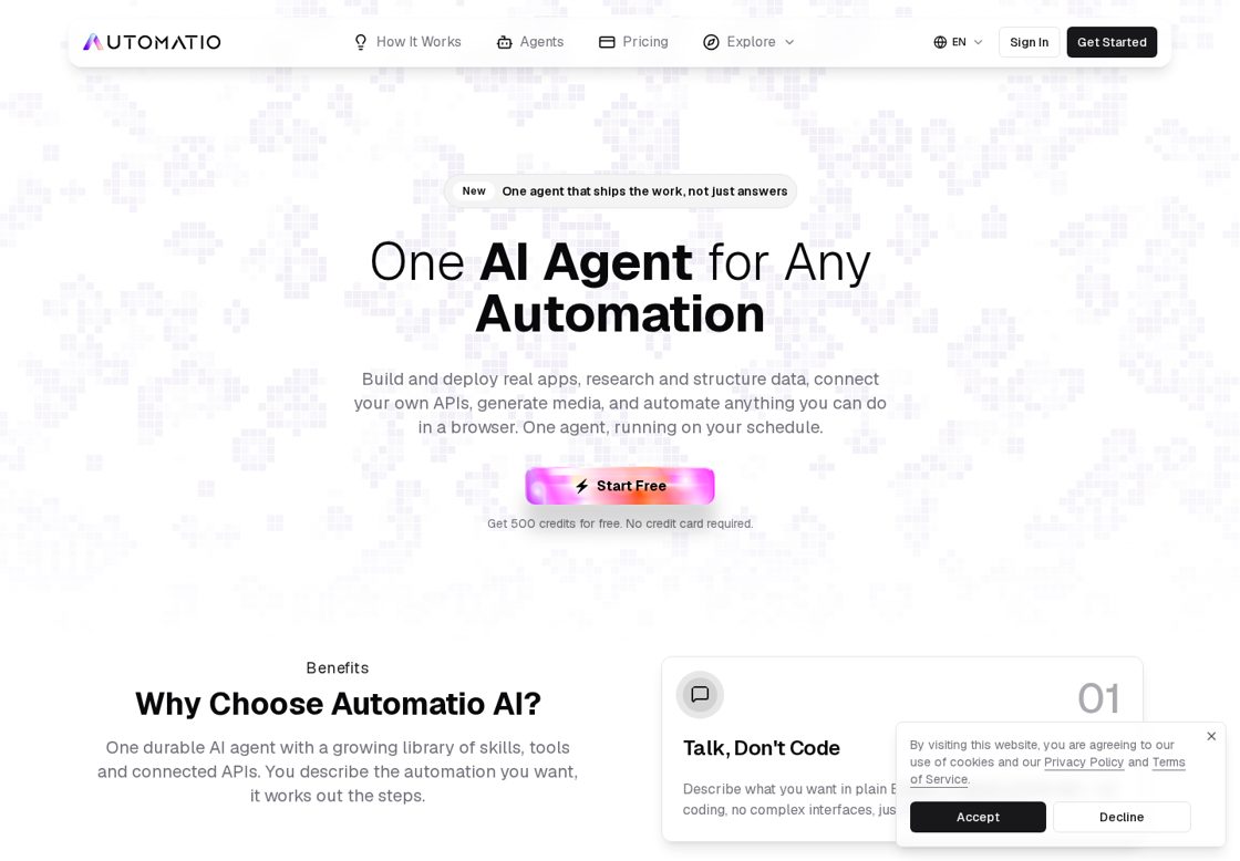 Automatio homepage, first screen