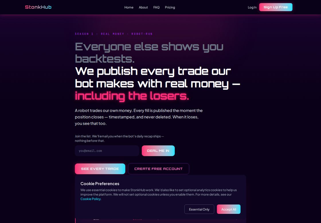 StonkHub homepage, first screen