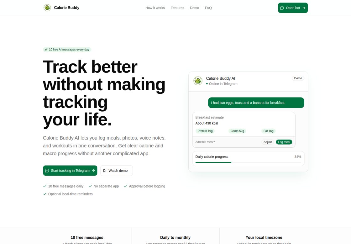Calorie Buddy AI homepage, first screen