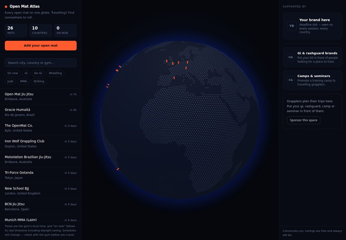 Open Mat Atlas homepage, first screen