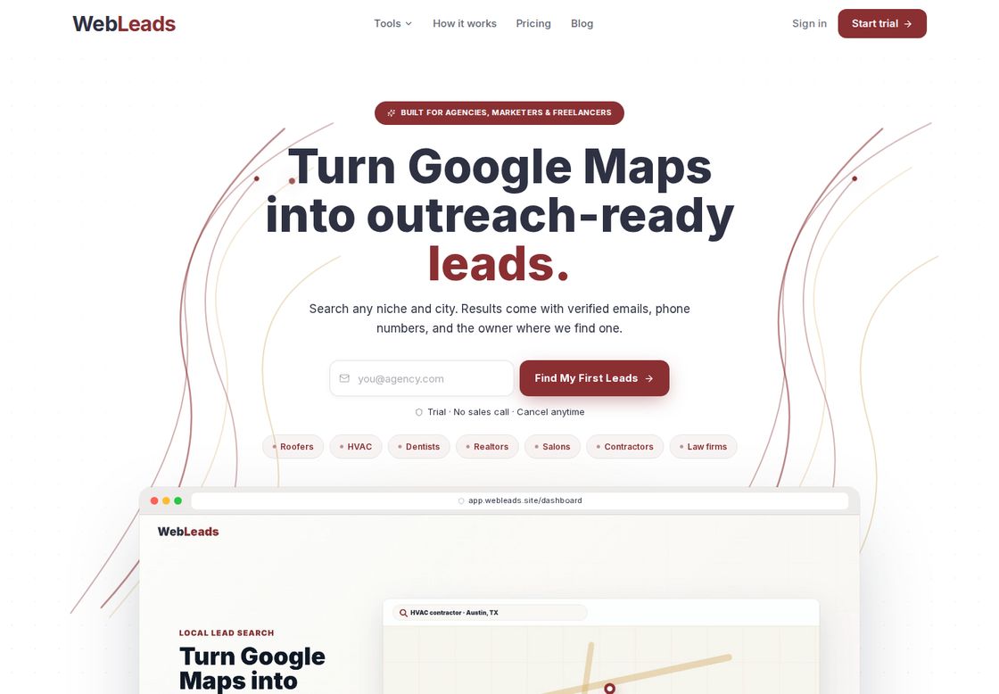 WebLeads homepage, first screen