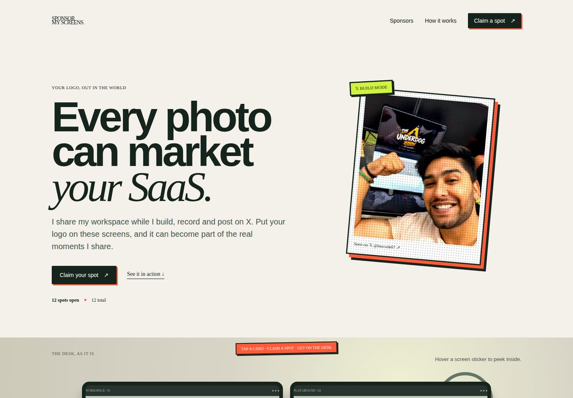 Sponsor My Screens homepage, first screen