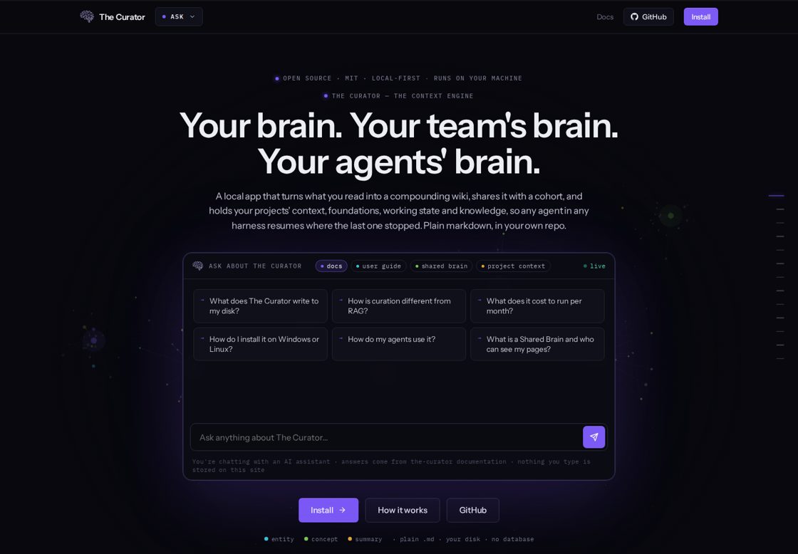 The Curator homepage, first screen