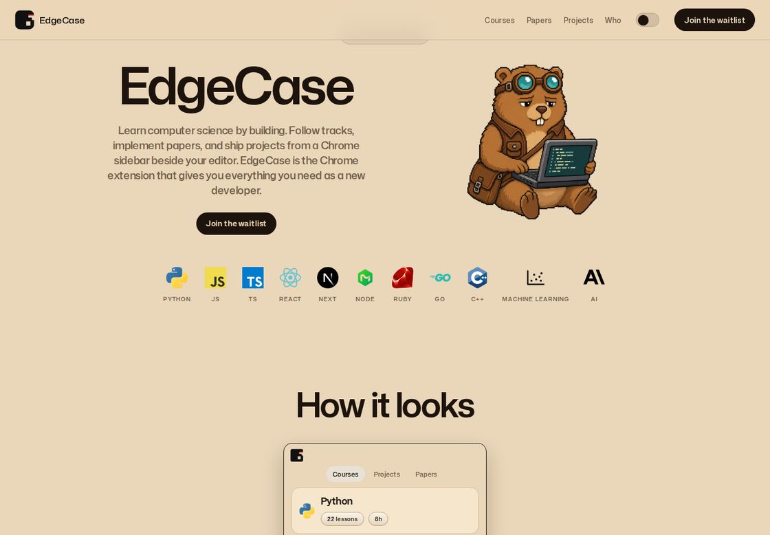 Edgecase homepage, first screen