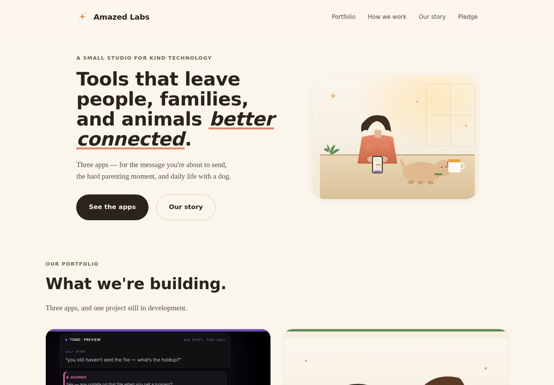 Amazed Labs homepage, first screen