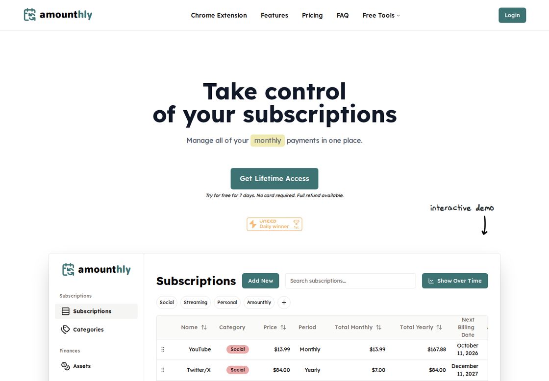 Amounthly homepage, first screen