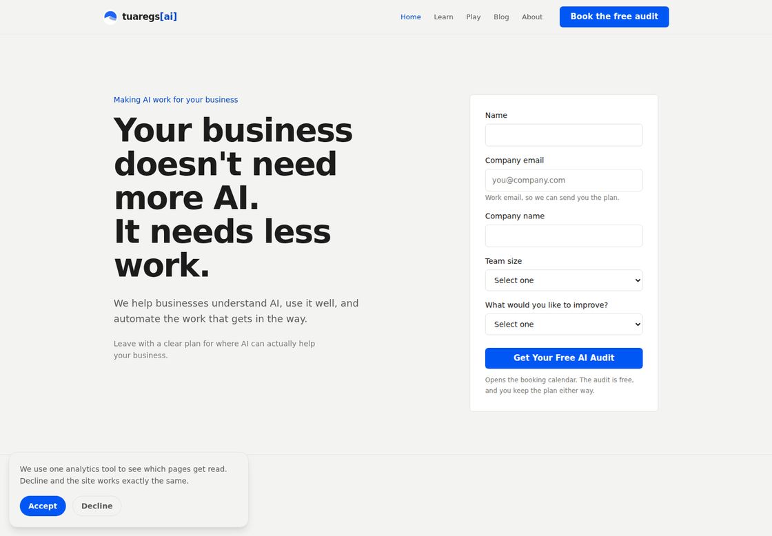 TuaregsAI homepage, first screen