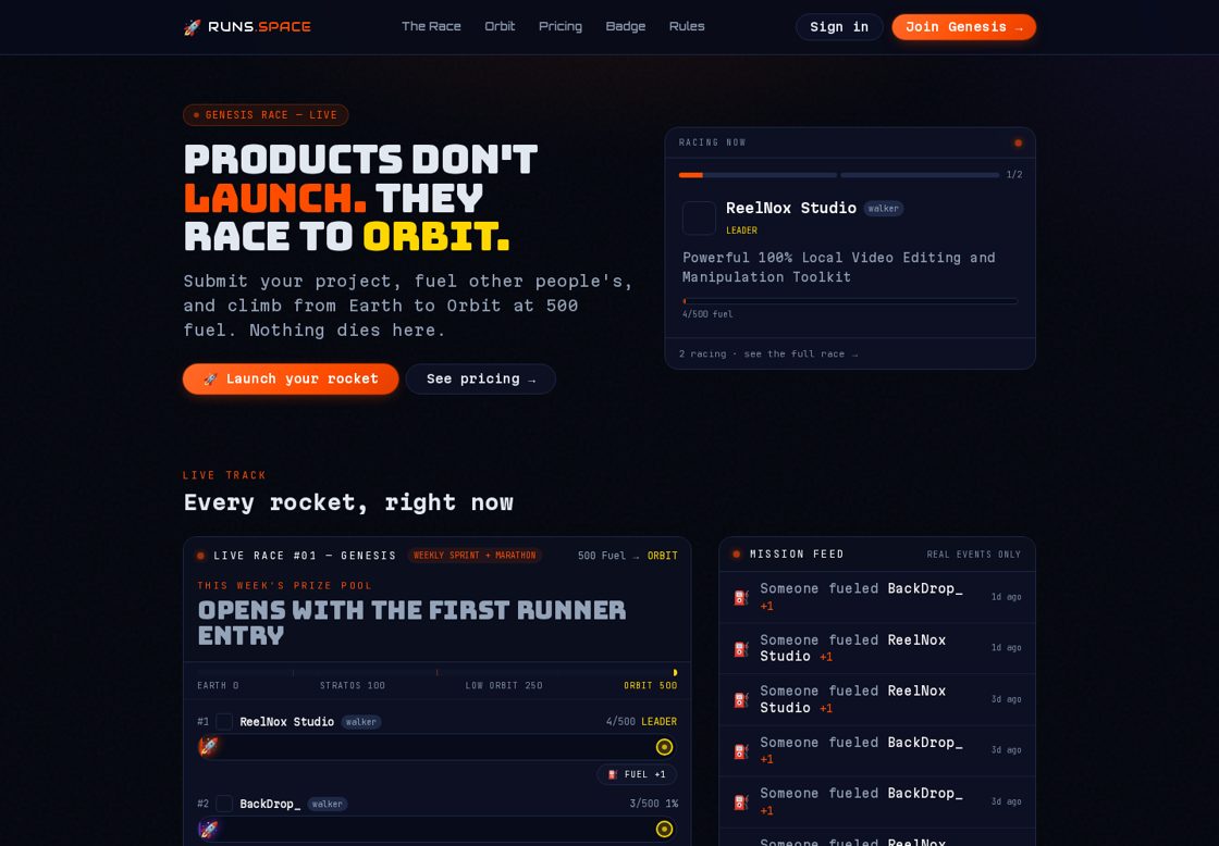 runs.space homepage, first screen