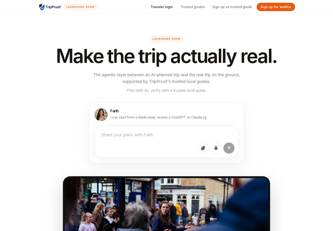 TripProof homepage, first screen
