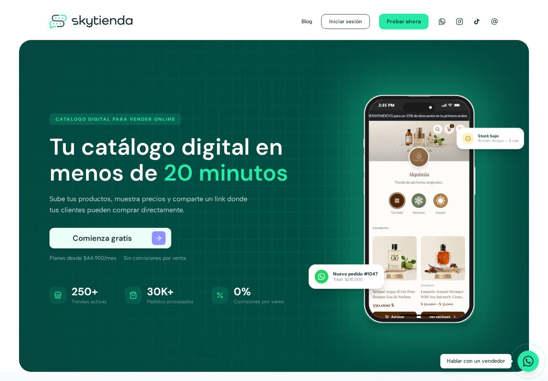Skytienda homepage, first screen