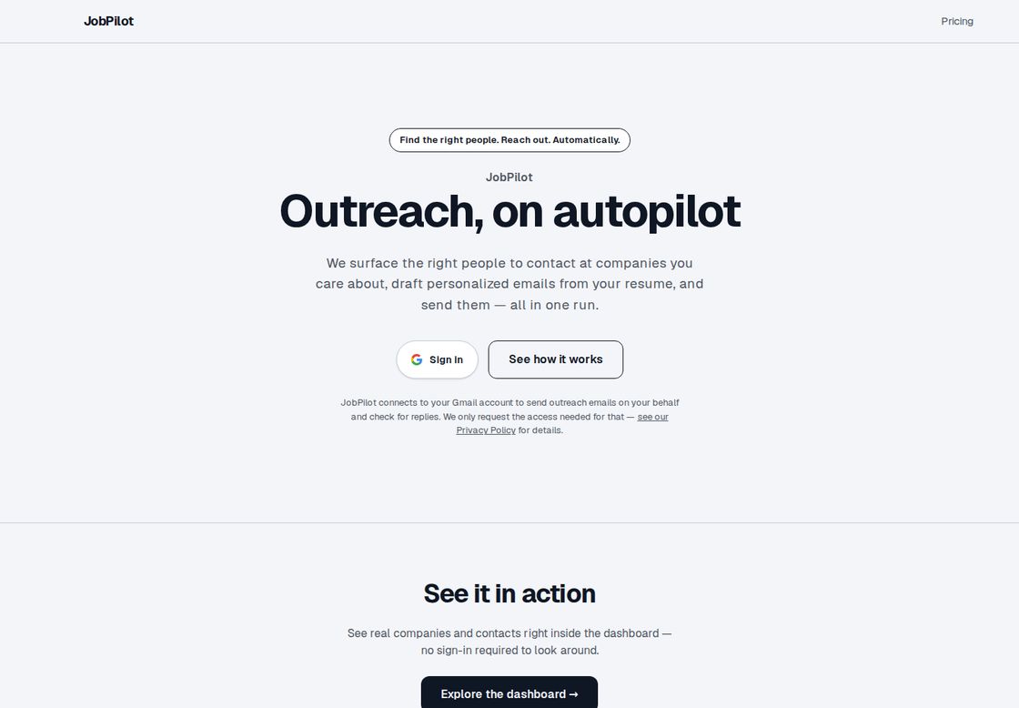 JobPilot homepage, first screen