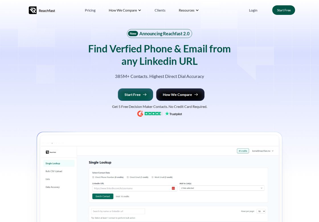 ReachFast homepage, first screen
