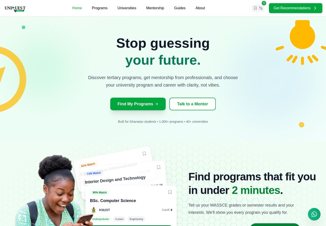 Uniquest Africa homepage, first screen