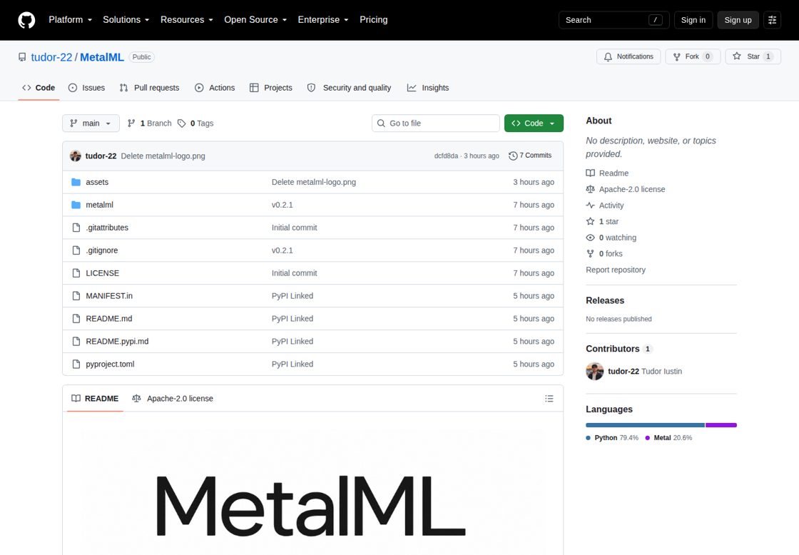 MetalML homepage, first screen