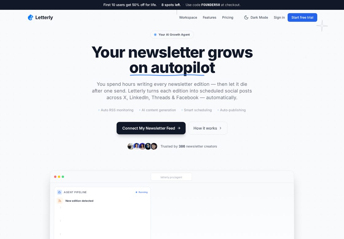 Letterly homepage, first screen
