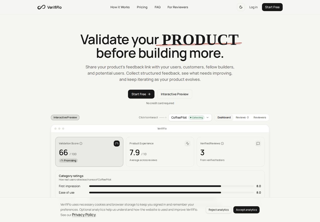 VerifiFlo homepage, first screen
