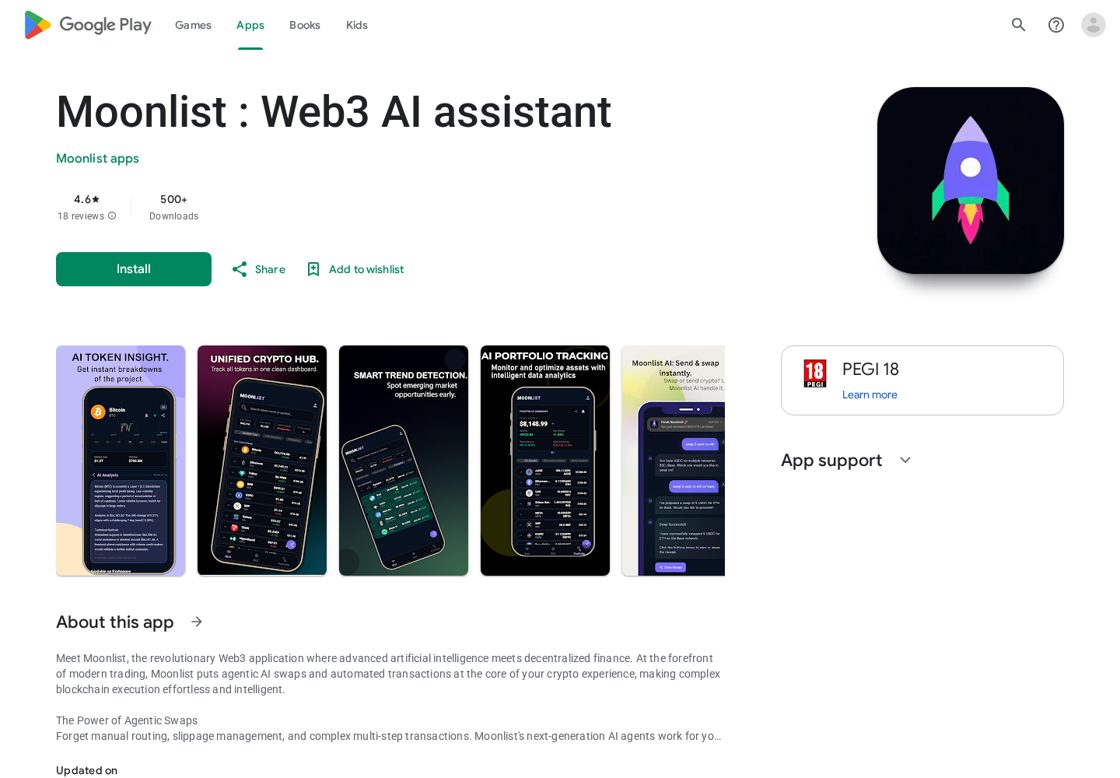Moonlist homepage, first screen