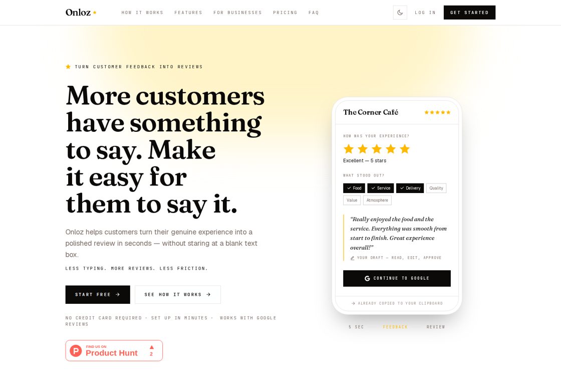 Onloz homepage, first screen