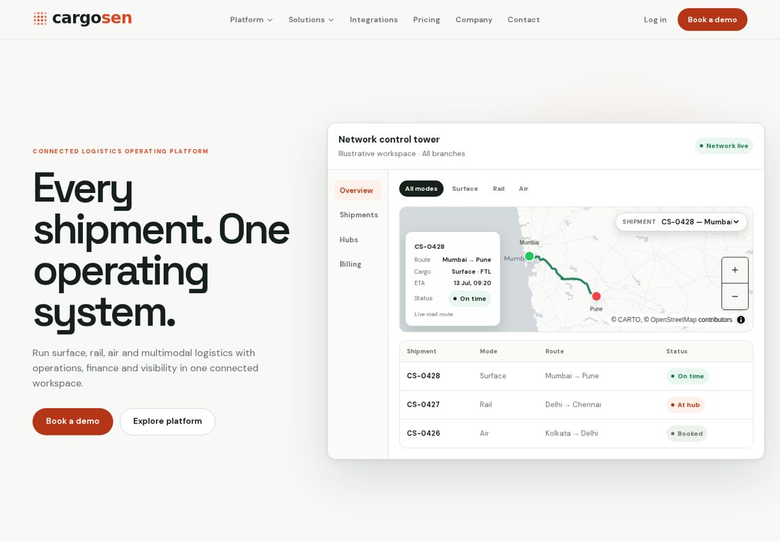CargoSense homepage, first screen