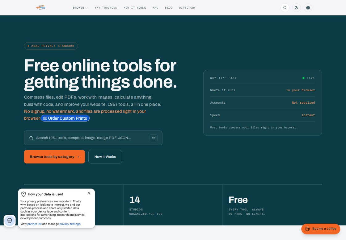 ToolNova homepage, first screen