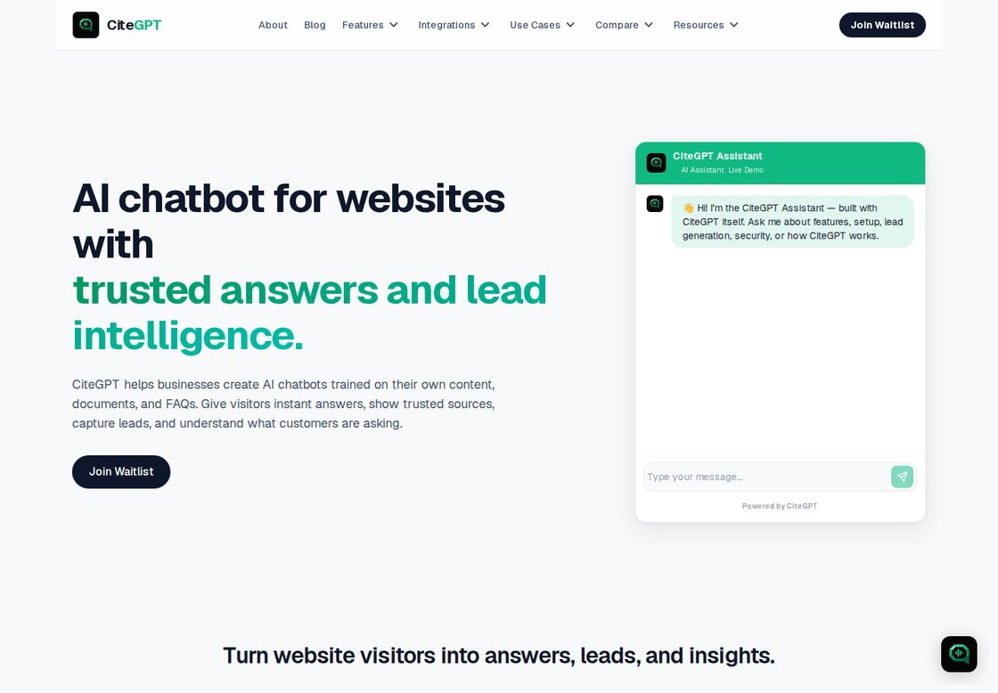 CiteGpt homepage, first screen