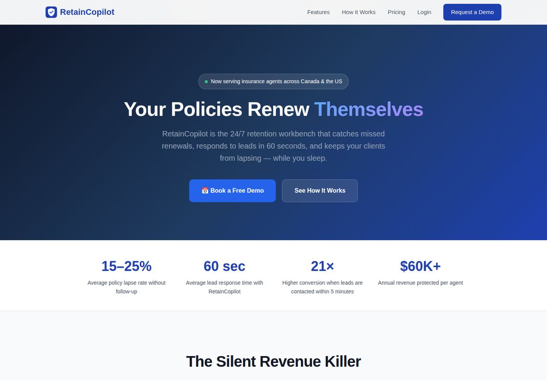 RetainCopilot homepage, first screen
