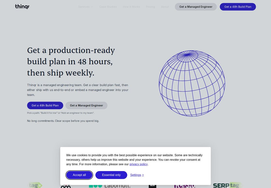 Thinqr homepage, first screen