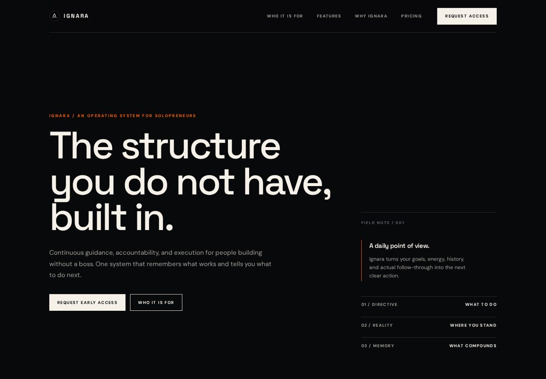Ignara homepage, first screen