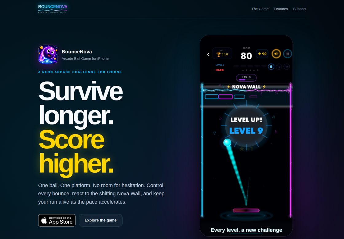 BounceNova homepage, first screen