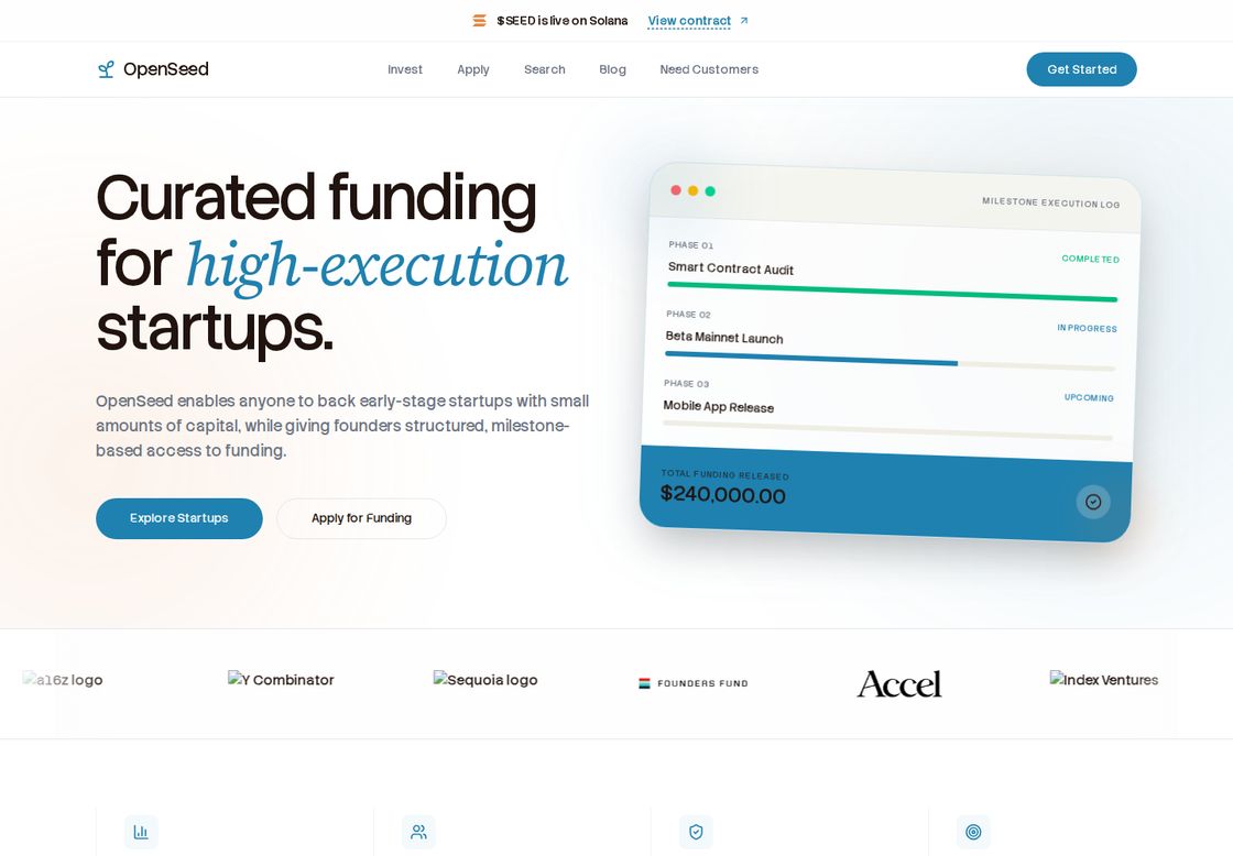 OpenSeed homepage, first screen