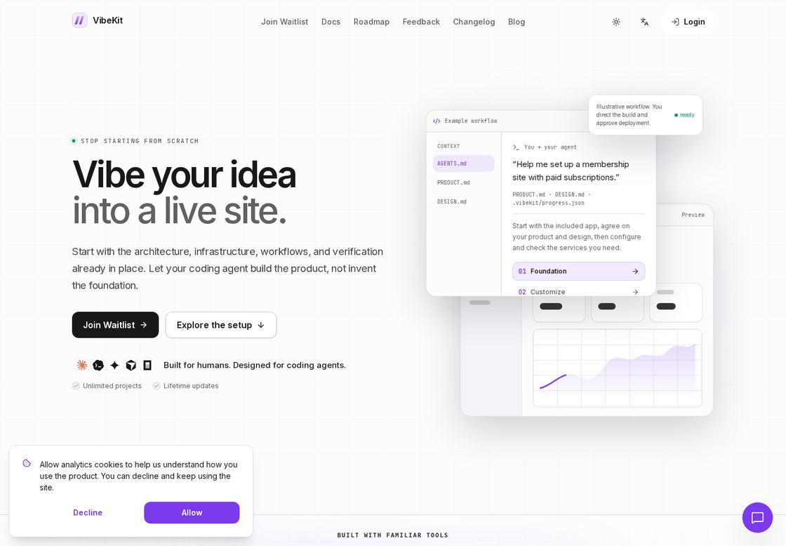 VibeKit homepage, first screen