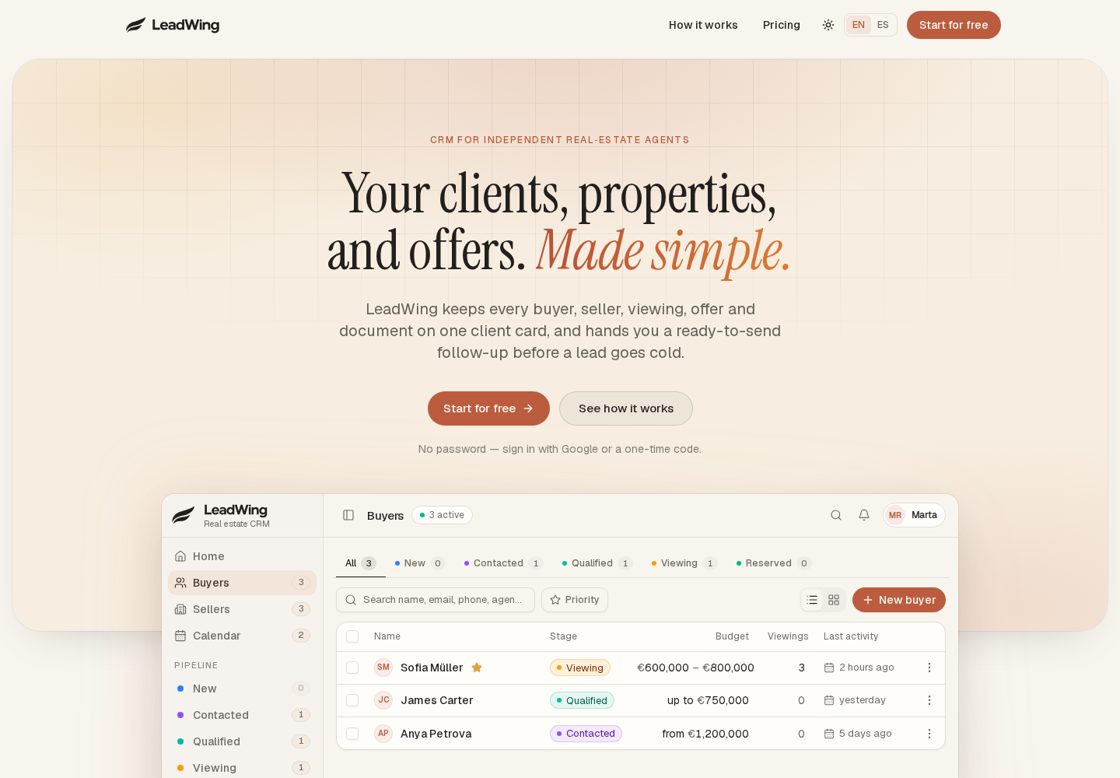 LeadWing homepage, first screen