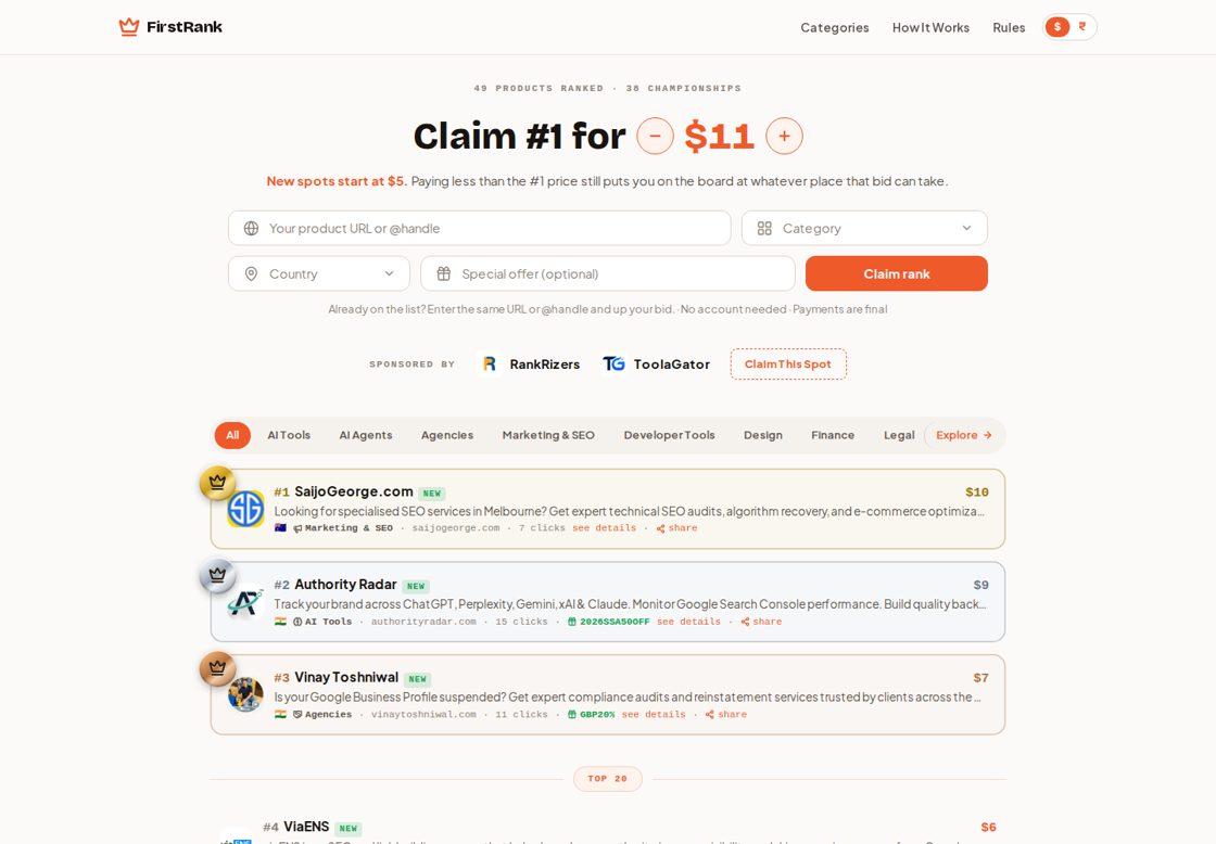 FirstRank homepage, first screen