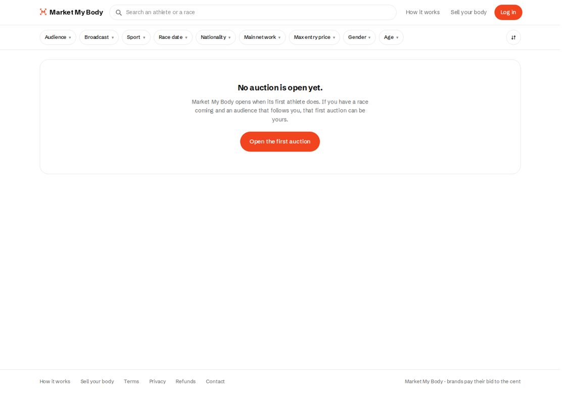 Market My Body homepage, first screen