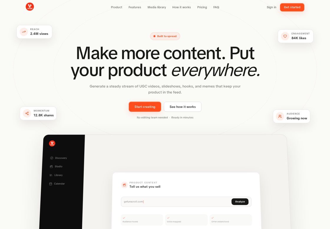 Viraal homepage, first screen