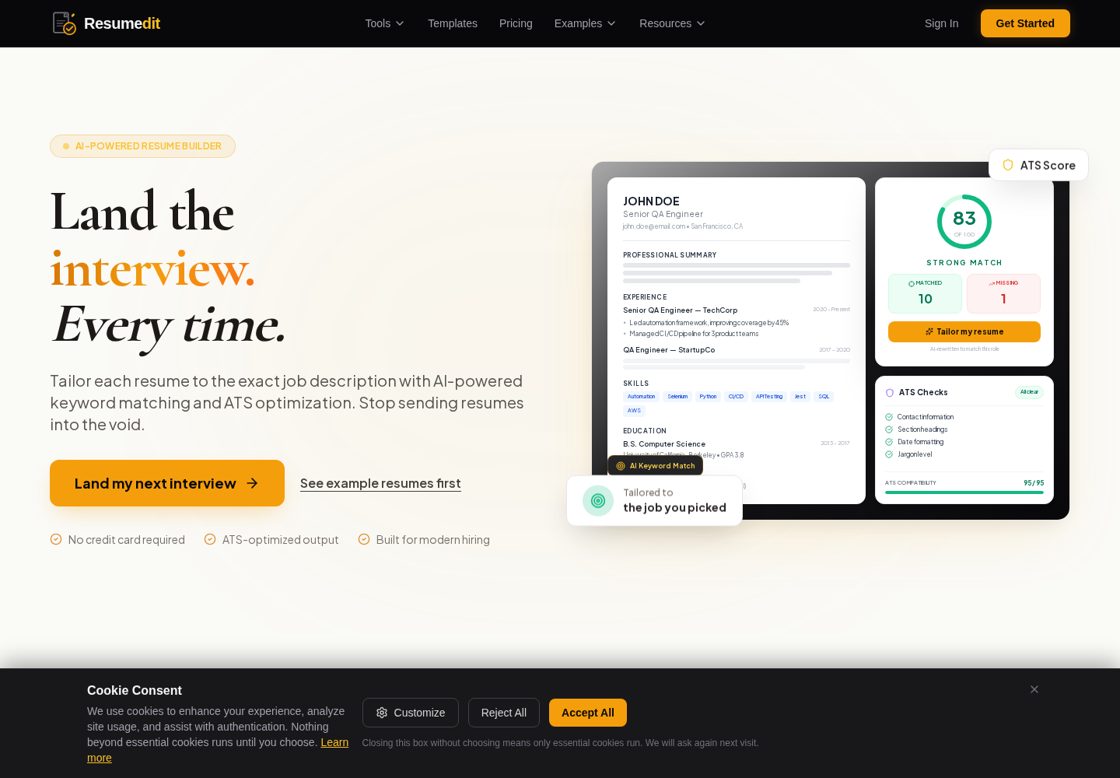 Resumedit homepage, first screen