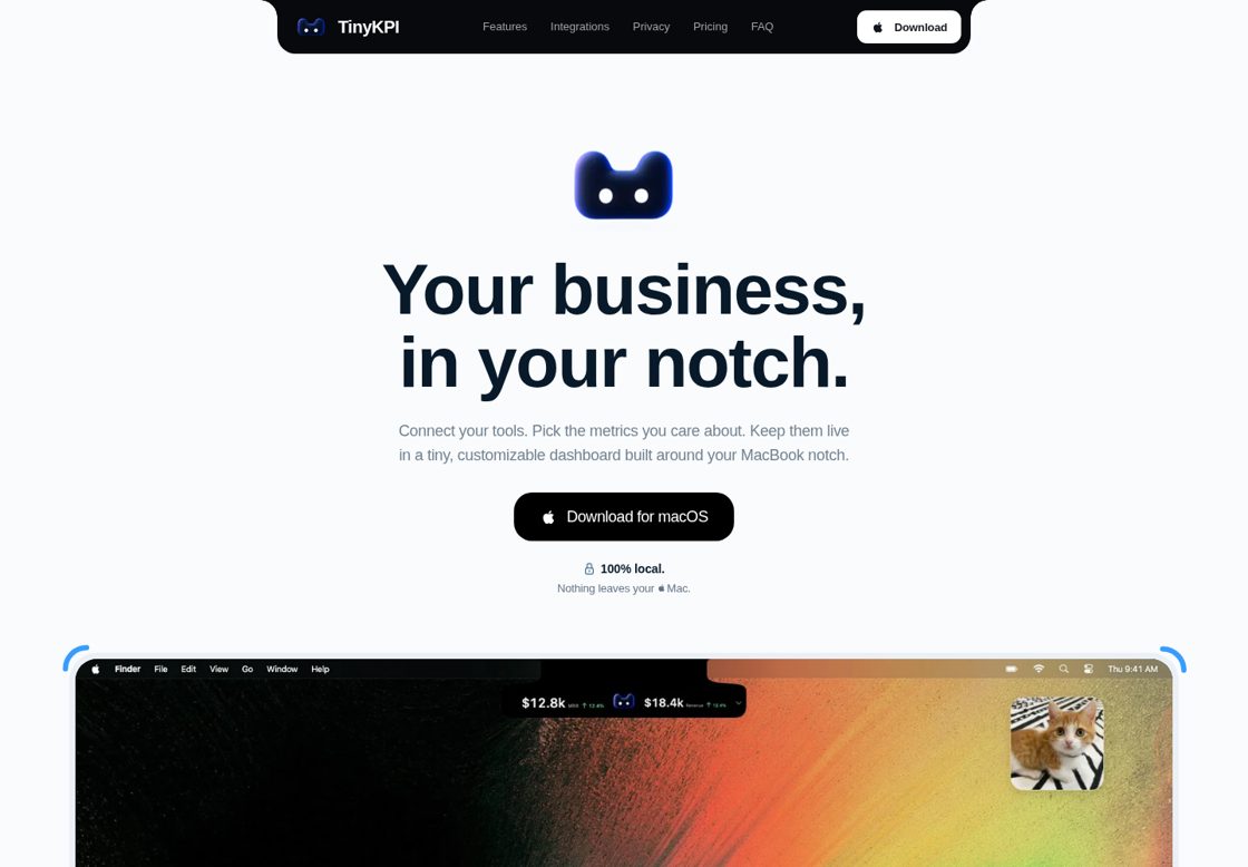 TinyKPI homepage, first screen