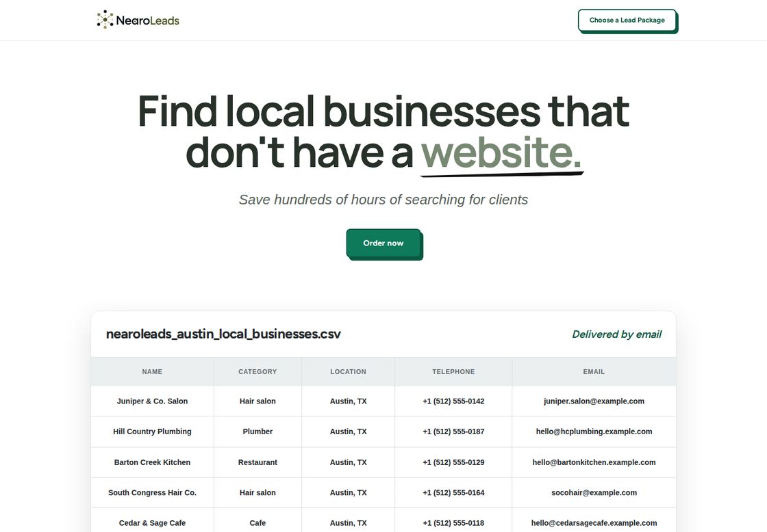 NearoLeads homepage, first screen