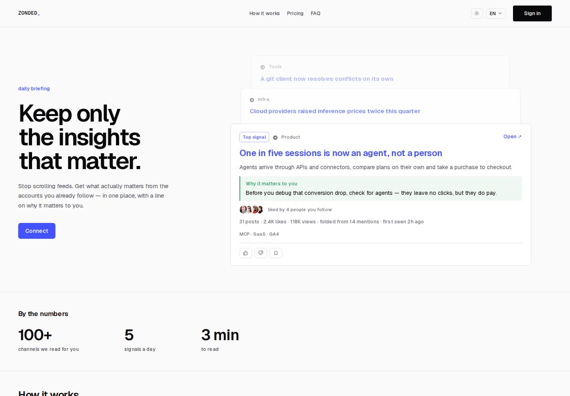 ZONDED homepage, first screen