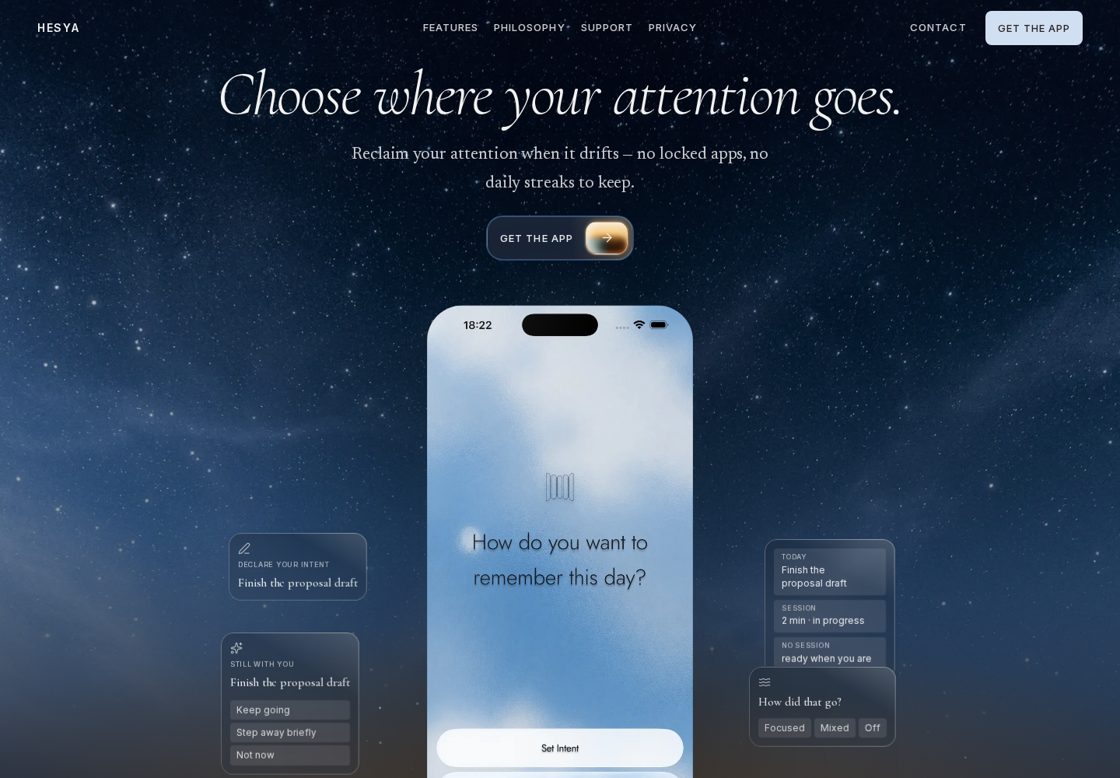 Hesya homepage, first screen